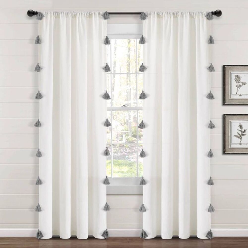 Lush Decor - 84"x52" Boho Faux Linen Texture Tassel Rod Pocket  Gray
